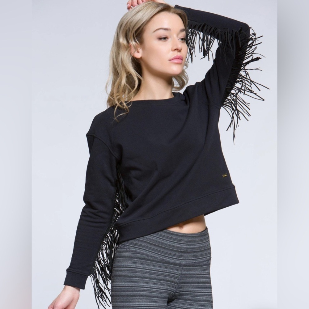 Titika Black Fringe Sleeve Activewear Top | Boho Chic Athleisure | Size S